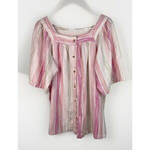 Caffe Marrakesh Women's L Pink White Striped Linen Blend Button Up Peasant Top